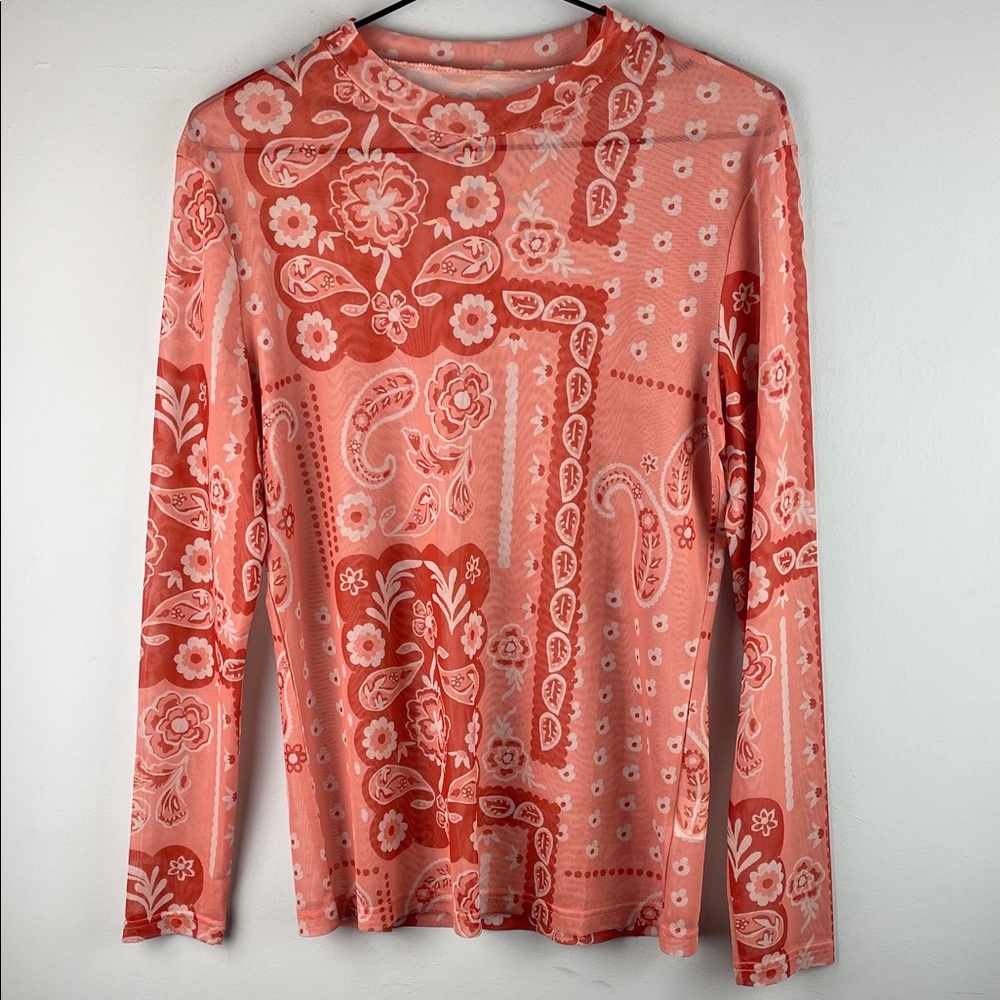 Long-Sleeve Coral Paisley Print Sheer Top Size M